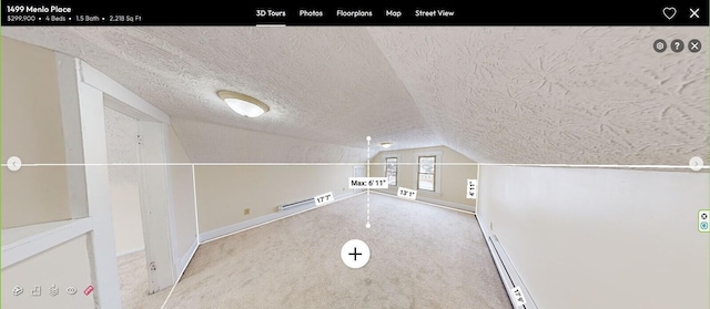 bonus room with a textured ceiling, light colored carpet, and lofted ceiling