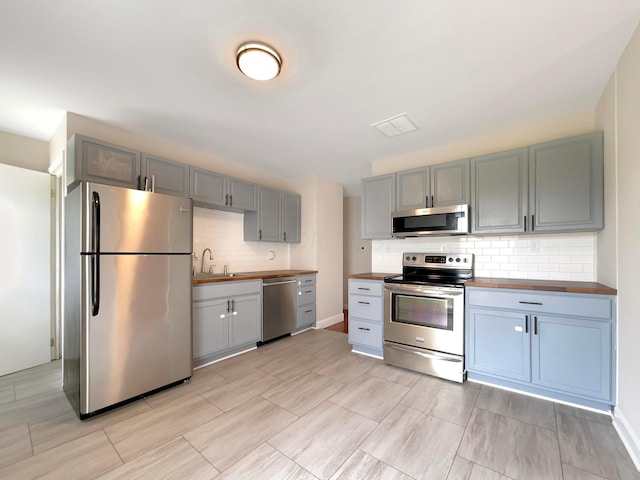 kitchen featuring wooden counters, appliances with stainless steel finishes, decorative backsplash, and gray cabinetry