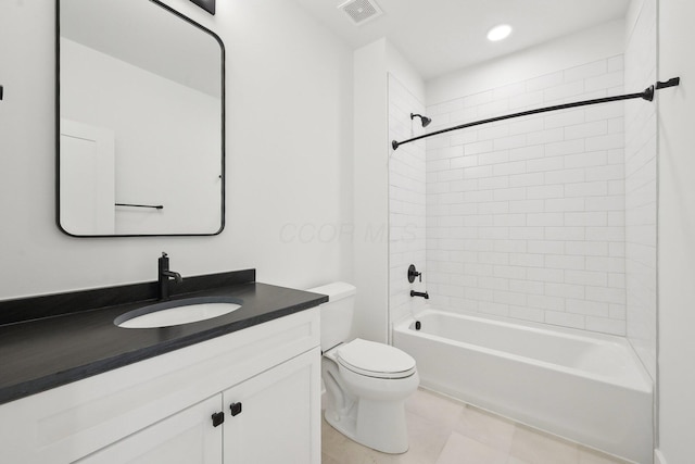 full bath featuring vanity, shower / washtub combination, toilet, visible vents, and recessed lighting