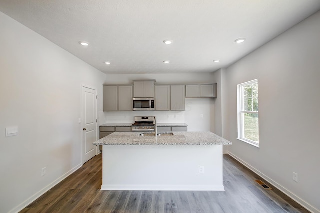 kitchen with dark wood-type flooring, stainless steel appliances, and an island with sink