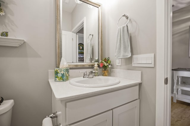 bathroom with vanity, toilet, and wood-type flooring