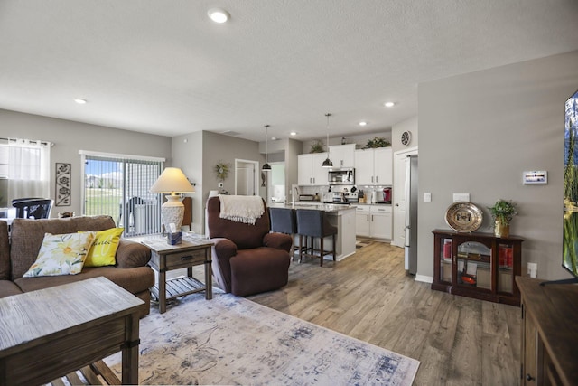 living room with a textured ceiling and light hardwood / wood-style flooring