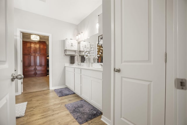 bathroom with wood-type flooring and vanity