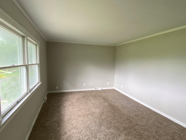 spare room with dark carpet and crown molding