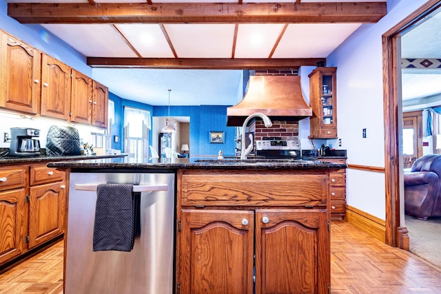 kitchen with dishwasher, hanging light fixtures, beamed ceiling, extractor fan, and light parquet flooring