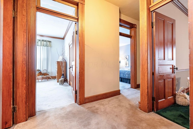 hallway featuring crown molding and light colored carpet