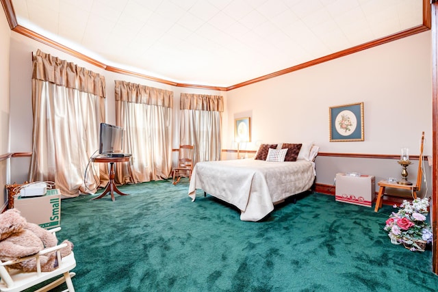 carpeted bedroom with crown molding