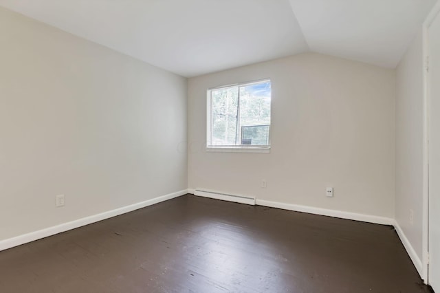 bonus room with dark hardwood / wood-style flooring, vaulted ceiling, and a baseboard heating unit