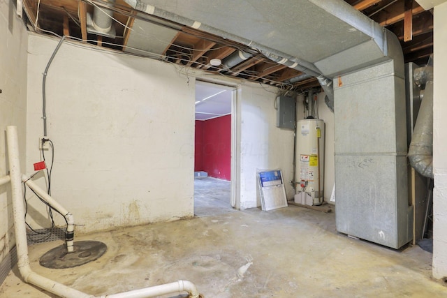 basement with gas water heater and electric panel