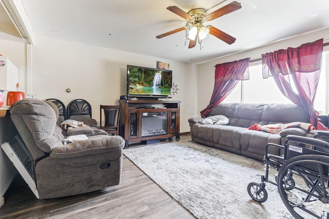 living room with wood-type flooring and ceiling fan