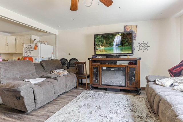 living room featuring hardwood / wood-style flooring and ceiling fan