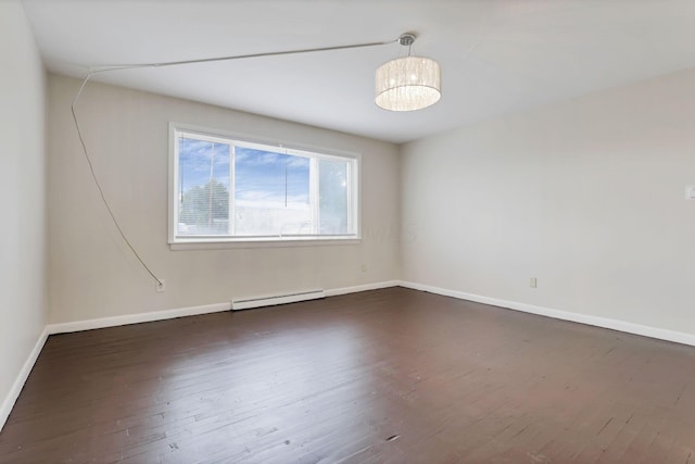 unfurnished room featuring baseboard heating, dark hardwood / wood-style floors, and a notable chandelier