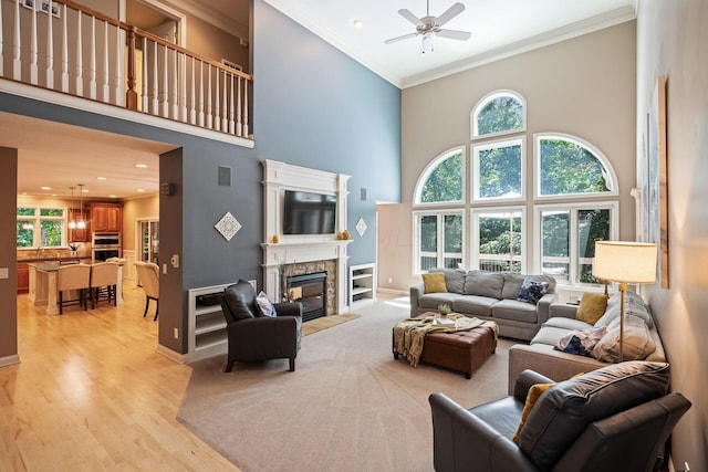 living room featuring a fireplace, plenty of natural light, light hardwood / wood-style floors, and a high ceiling