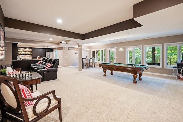 game room featuring ornate columns, a wealth of natural light, light colored carpet, and pool table