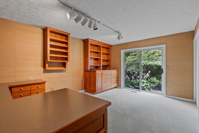 carpeted home office with a textured ceiling and track lighting