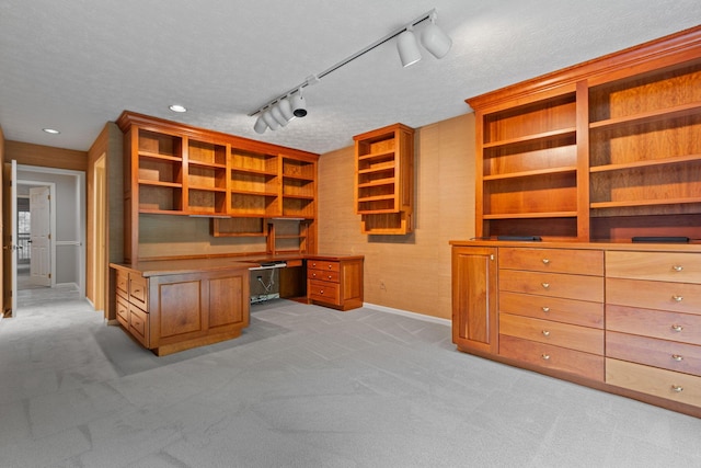 unfurnished office with rail lighting, light colored carpet, and a textured ceiling