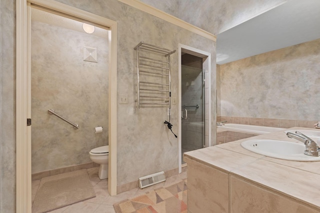 full bathroom with tile patterned flooring, separate shower and tub, toilet, and sink