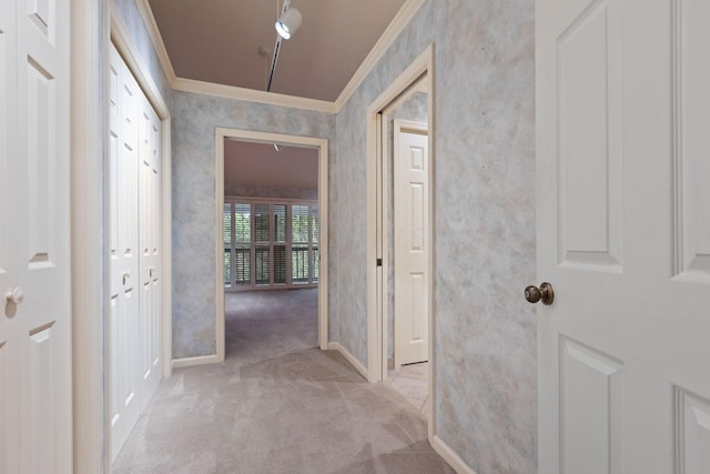 hallway with light colored carpet and ornamental molding