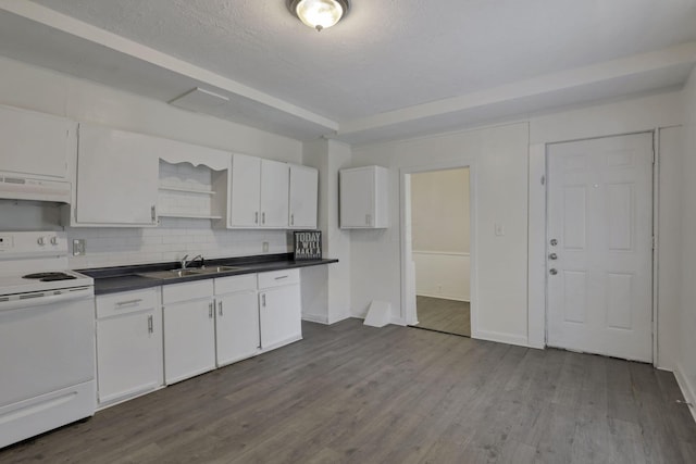 kitchen with sink, electric stove, white cabinets, light hardwood / wood-style floors, and range hood