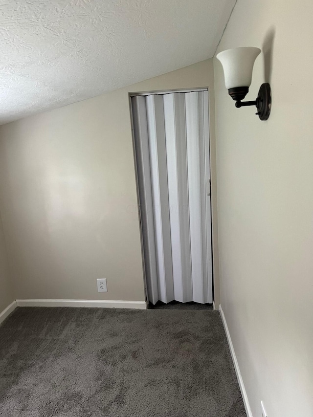 carpeted empty room with a textured ceiling and lofted ceiling