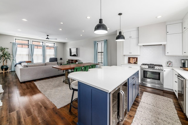 kitchen featuring white cabinets, custom exhaust hood, a kitchen island, and stainless steel appliances