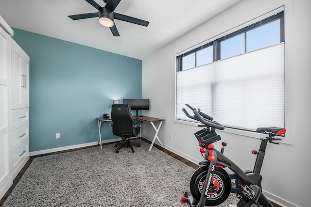 office featuring ceiling fan and dark wood-type flooring