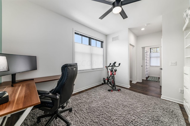 office featuring ceiling fan and dark hardwood / wood-style flooring