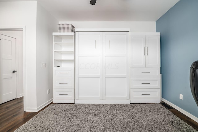 interior space featuring a closet, ceiling fan, and dark wood-type flooring