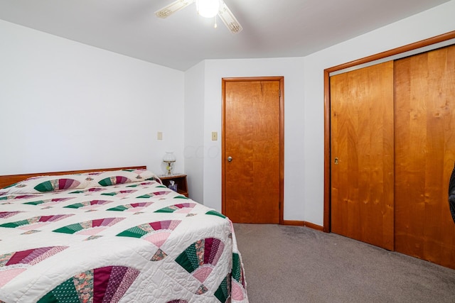 carpeted bedroom featuring ceiling fan