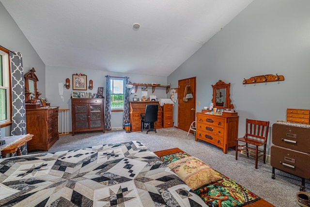 carpeted bedroom with vaulted ceiling