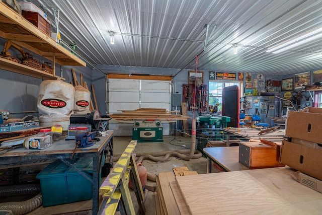 garage with a workshop area