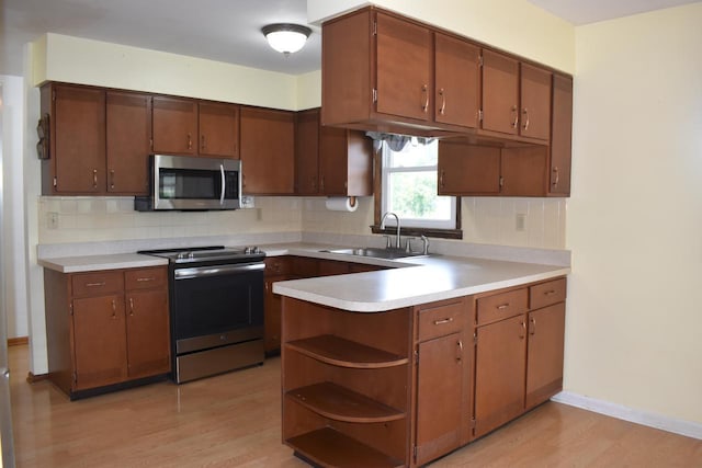 kitchen with backsplash, sink, light wood-type flooring, and appliances with stainless steel finishes