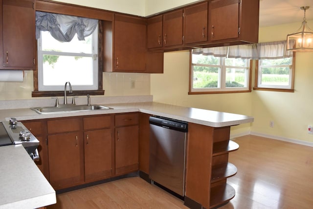 kitchen with sink, hanging light fixtures, backsplash, light hardwood / wood-style floors, and appliances with stainless steel finishes