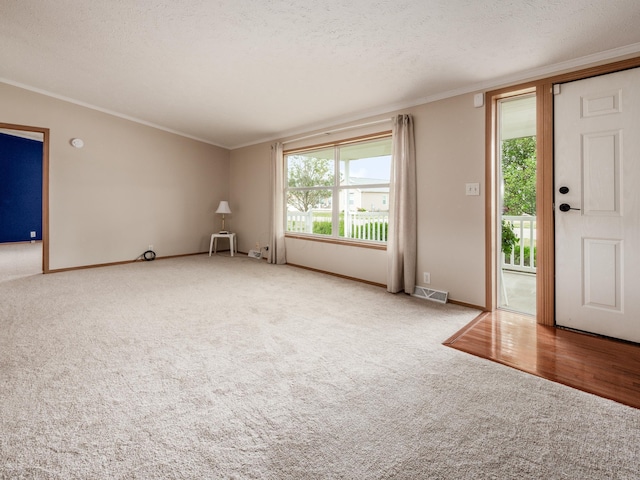 foyer with a textured ceiling, carpet floors, and crown molding