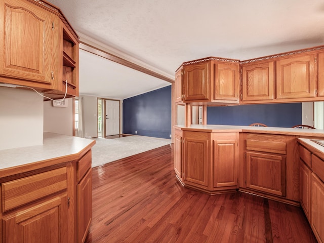 kitchen with kitchen peninsula and dark hardwood / wood-style floors