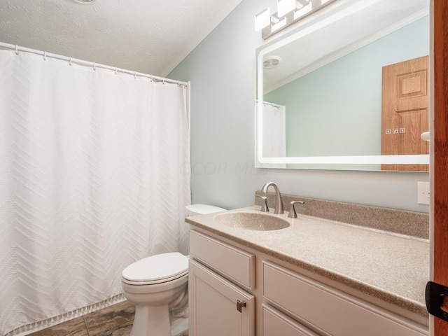 bathroom featuring vanity, lofted ceiling, tile patterned floors, toilet, and a textured ceiling