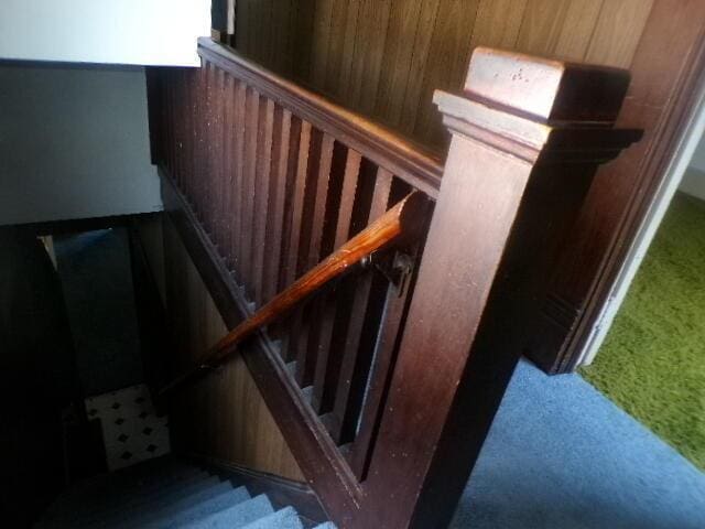 2343 Indianola Ave, Columbus, OH 43202 - staircase featuring carpet and wood walls