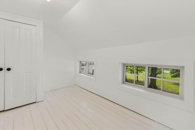 additional living space featuring a textured ceiling, light wood-type flooring, and lofted ceiling