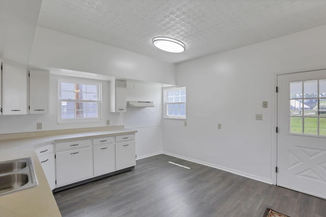 kitchen with white cabinets, a textured ceiling, dark wood-type flooring, and sink