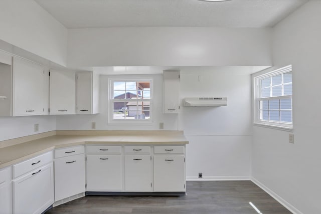 kitchen with white cabinets, dark wood-type flooring, a textured ceiling, and ventilation hood