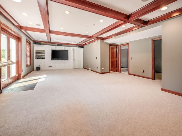 unfurnished living room with light carpet, beamed ceiling, and coffered ceiling