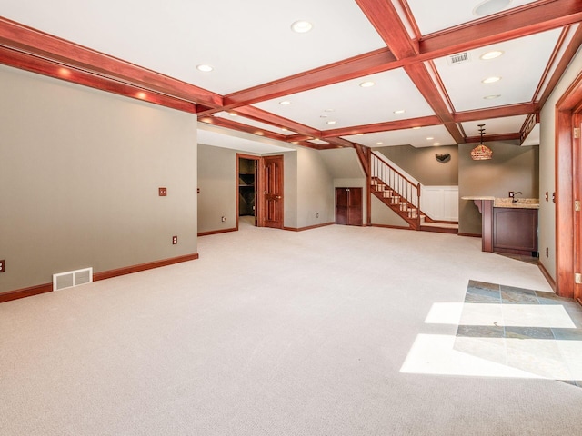 basement featuring light carpet