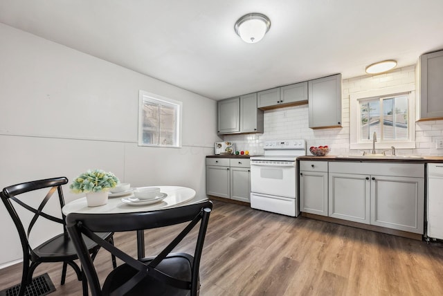 kitchen with gray cabinetry, sink, tasteful backsplash, light hardwood / wood-style floors, and white appliances