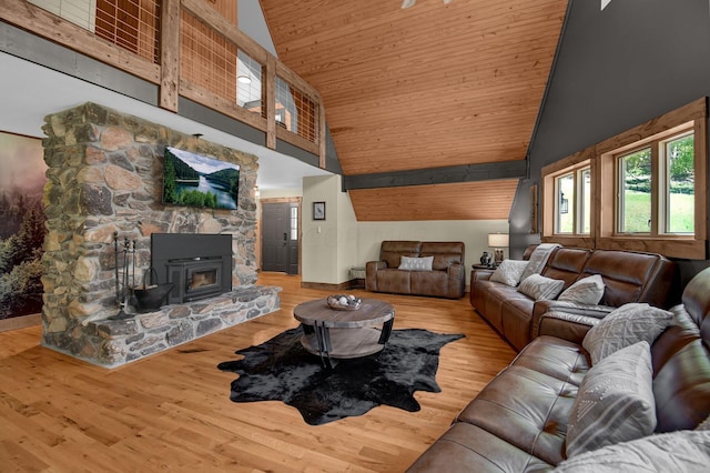 living room featuring wooden ceiling, a fireplace, high vaulted ceiling, and light hardwood / wood-style floors