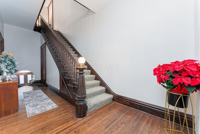 stairway featuring wood-type flooring