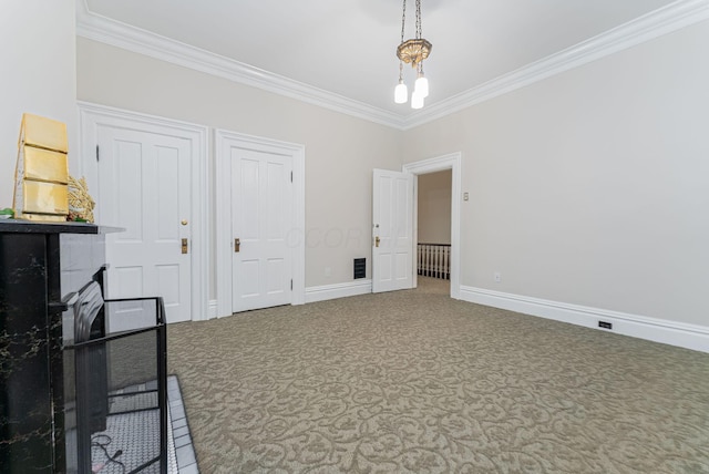 interior space with an inviting chandelier and ornamental molding