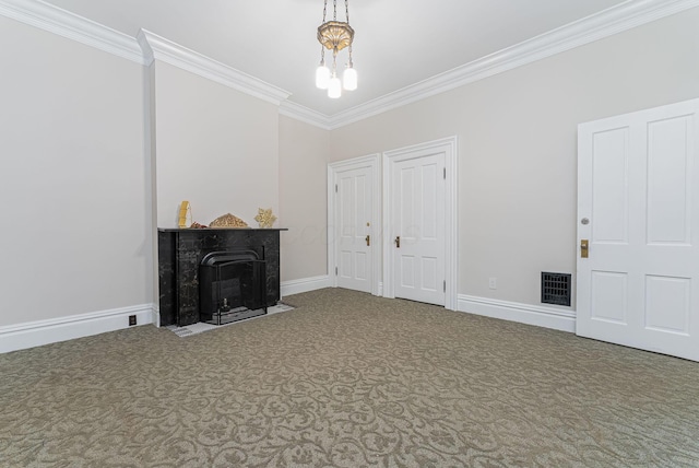 living room with ornamental molding and a chandelier