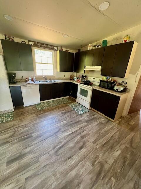 kitchen with sink, light hardwood / wood-style floors, and white appliances