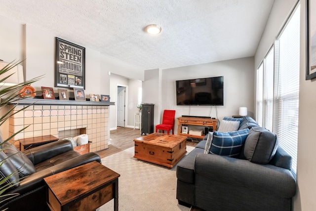 living room featuring light colored carpet and a textured ceiling