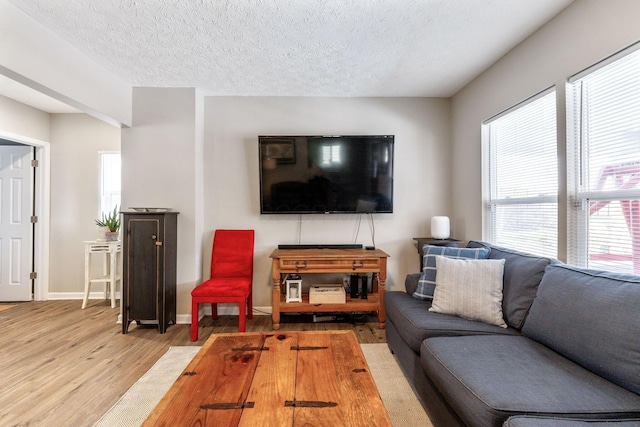 living room featuring a textured ceiling and light wood-type flooring